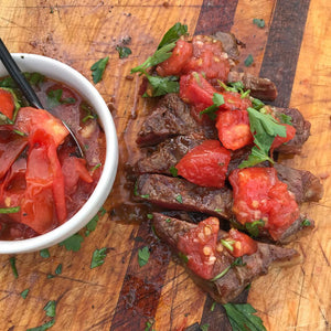 Black Pepper Grilled Flat Iron Steak with Charred Tomato Relish