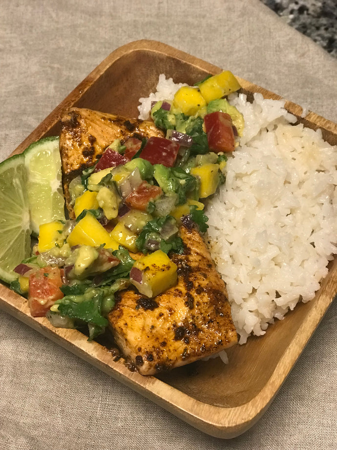 Grilled Southwest Salmon With Avocado-Mango Salsa And Coconut Rice